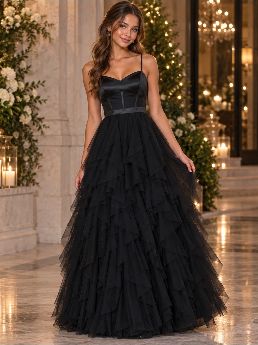 City Studio Black Ruffle Tulle Prom Gown Juniors Size 1/2 NWT